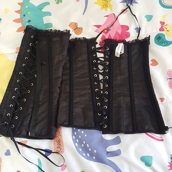 2pcs set black satin lace strapless corset bustier top and mini skirt - Picture 5 of 7